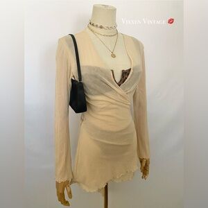 VINTAGE Y2K FLESH BY PETIT POIS MESH LETTUCE HEM LONG SLEEVE WRAP TOP IN BEIGE